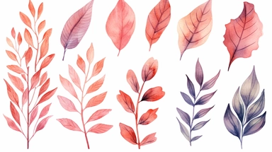 watercolor, set of foliage, greenery, clipart with leaves and branches, beautiful shades of Reds, Pinks and Browns tones, perfect for decorating your creative projects, scrapbooking, or any creative design, 12 separate, individual images in this set, transparent backgrounds