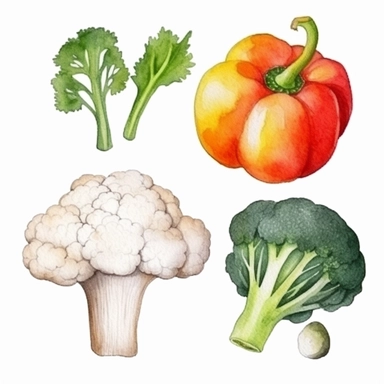 basic watercolor onion, cauliflower, bell pepper, mushroom and Brussel sprout in minimal hand drawn style, Etsy, textured, clipart, white background