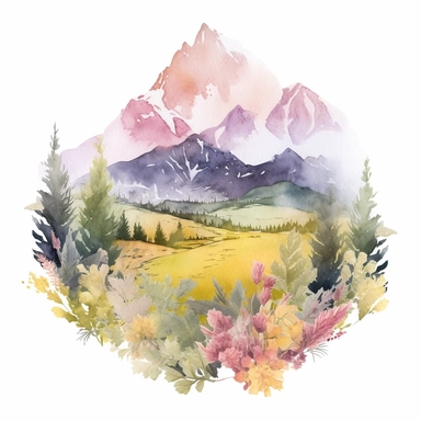 watercolor of a gorgeous spring mountain in shades of soft pastel pink, fresh green, sunny yellow, and delicate lavender, png clipart, on white background