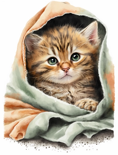 baby cat in a blanket, watercolor clipart, transparent background