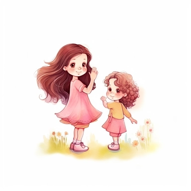 A little girl is waving goodbye to her friend，Dandelions garden, children's book illistion style,watercolor clipart,AR 16:9, multiple pose and expressions,