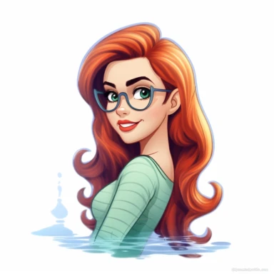 an illustration of a mermaid, girl with eye glasses, portrait disney style, disney animation, in the style of cartoon, in the style of large eyes, in the style of animated gifs, in the style of disney animation, Disney films, cartoon style, clipart, white background, in the style of disney elittle mermaid film, in the style of ariel the little mermaid