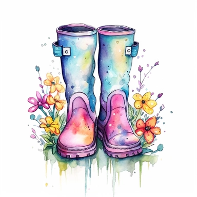 Garden Rain Boots Spring Sublimation style by Lucy Fleming, watercolor, smooth gradients, black contour outline, ultra detailed, clipart elements, delicate pastel colors, solid white background, super clear, high quality