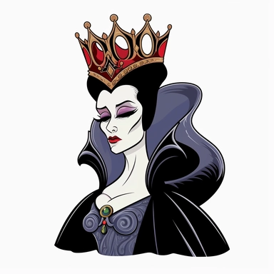 2d partially lined clipart illustration of an evil but beautiful queen, in the style of 1959's sleeping beauty movie, white background