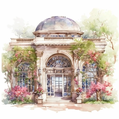 A charming watercolor painting of a library building with unique architectural details. clipart beauty and the beast, belle and beast walking in the garden watercolor, white background, high quality, light pastel colors, romantic, delicate, feminine, florals, lots of details, hyperrealistic