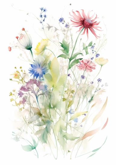 a watercolour of floral flourishes made out of very delicate summer wildflowers on white background for clipart, 8k