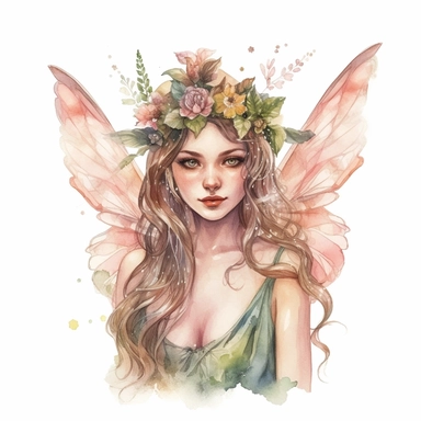 Magical fairy with delicate wings and flower crowns, watercolor clipart, isolated white background, high resolution, very detailed, 32k