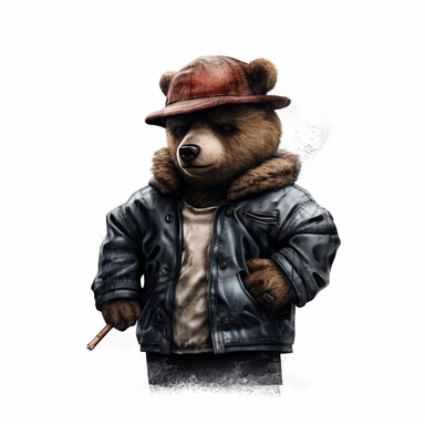 A clipart of a gangsta-inspired teddy bear with a tilted hat, smoking a cigar, white background, n the style of cyberpunk realism, chiaroscuro portraitures, street style realism, album covers, ultra hd, leica m6