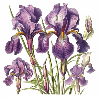 clipart, purple iris flowers, vintage seed catalog style, Cole's garden annual 1915 , high quality Vector illustration. Isolated on a white background, no gradient, text