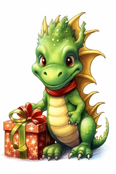 Cute funny avocado green dragon, christmas tree with toys, red cardigan, snow, winter, style by Lusy Fleming, folk art, watercolor, clipart elements, smooth gradients, black contour outline, ultra detailed, white background, super clear