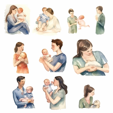 watercolor, Set of cute women and families with newborn babies. Collection of different children with happy parents feeling love png Full body realistic cartoon in 32K UHD cute. 15 cm thick outline. Black color. There was no shadow on the ground. 8k with realistic watercolors and detailed illustrations. PNG clipart, transparent white background