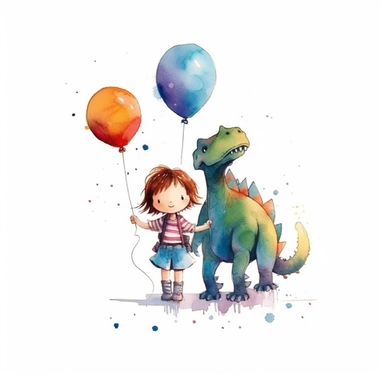 on isolate white background, simple design, illustration, flat colors, simple lines, graphic novel style, 2d painting, watercolor painting style, trending on art station, digital art, girl, childrens character design, dinosaur costume, happy mood, watercolor, pixar style cartoon, without line work, minimalist, clipart