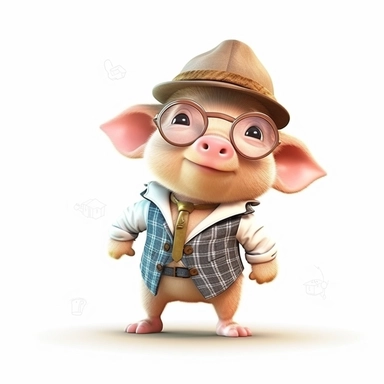Adorable cute fantasy baby pig dressed like detective standing in dynamic pose,front view,fullbody,sharp through out,happy expression, nursery art, clipart image, lineart image, white background, very detailed, 8k, composition wide shot