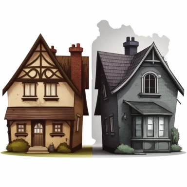 a clipart of two houses that look the same, however one is new and one is old and ugly, white background