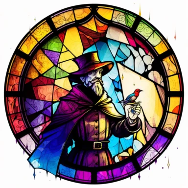 stained glass window, magician, fantasy, fairytale, storybook, clipart, watercolor and black ink style, very detailed, white background, maximaly saturated colors, bright mood