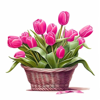clipart of hot pink tulips in a basket, in the style of uhd image, high detailed, stock photo, colorful realism, ornate still lifes, isolated on flat white background