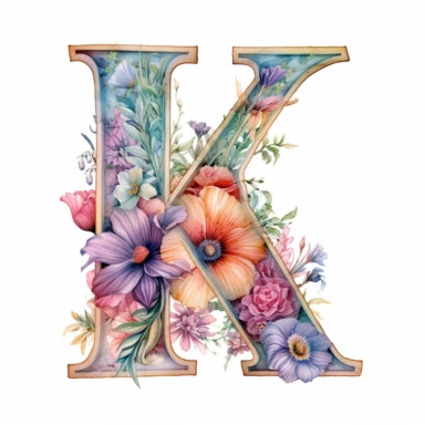 Beautiful Pastel Vintage Flower Alphabet Letter  K  Watercolor Clipart,Cartoon, hyper realistic, intricate detail, illustration style,high solution,on the white background