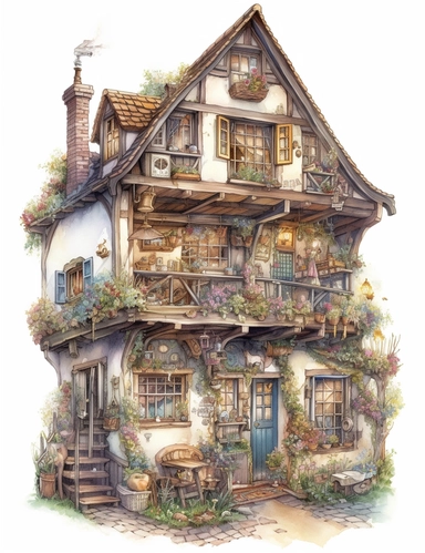 uhd ,clipart on white background,32k,a drawing for an advertising campaign about a small cottage, in the style of colorful scenes, detailed design, packed with hidden details, jody bergsma, french village, charming illustrations, charles spencelayh