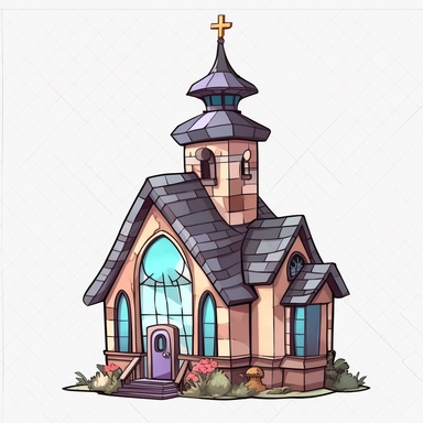 a little cartoon church, pixar, clipart, stained glass windows, cross on top, blank background, sharp lines, 8k