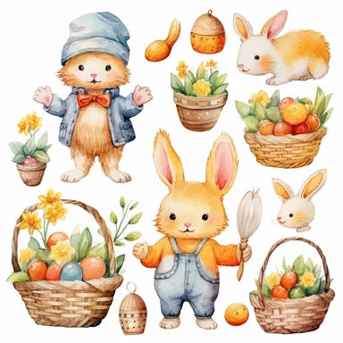 Watercolor easter elements, illustrations clipart set, simple, soft colors, cartoon elements, different variants, easter elements, basket full of easter eggs, , carrots, cute yellow chicks, e little boy, separate elements with a margin