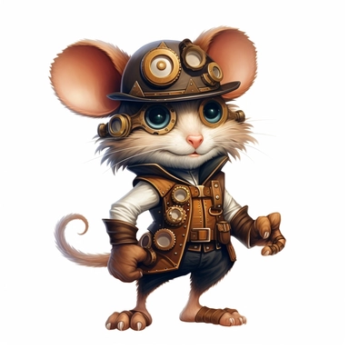 friendly mouse with big cute eyes, standing up, in the style of steampunk, clipart, white background, lots of cogs