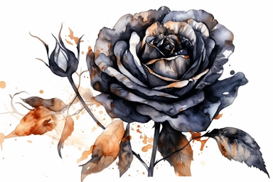 Halloween black rose Flower watercolor clipart, Delicate watercolor illustration, White background, Cozy, clear picture, 8k, hd, isolatee on a white background