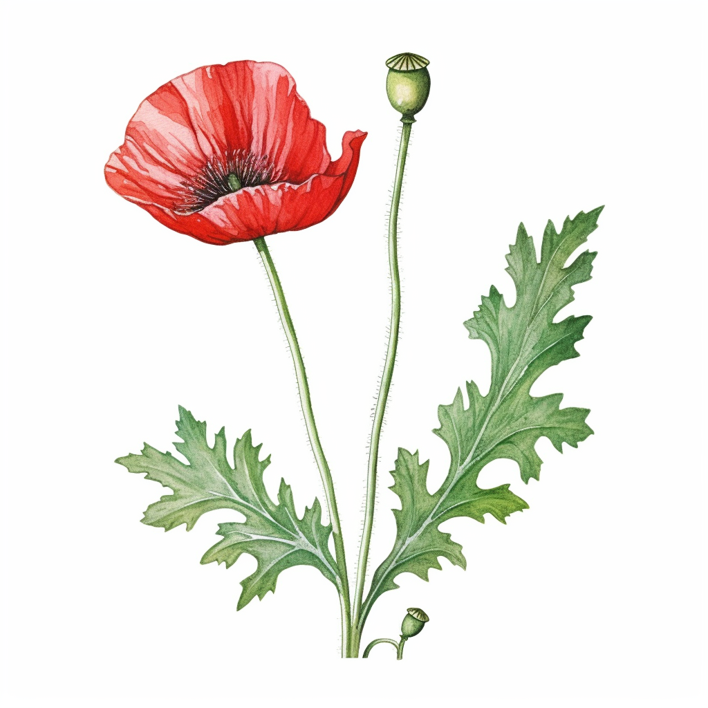 Watercolor of tall slender micro dainty poppy leaves on a single stem ...
