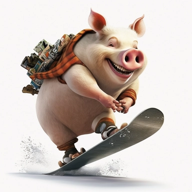 animal sow snowboarding , smiling, full body, downhill snowboard clipart, Sport graphics, 8k polished, isolated on white background, 3d, rendered by pixar