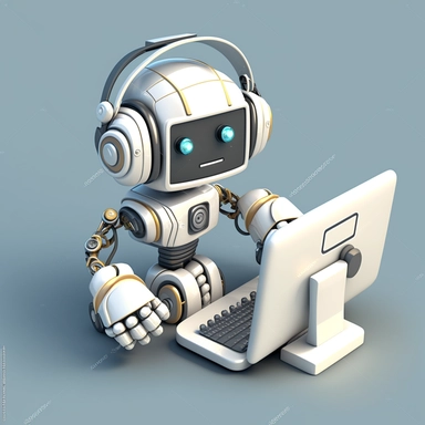 Friendly robot working as customer support service manager in headphones at the computer. Isometric, clipart, schematic, magento and white colours, professional, business graphics, highly detailed.