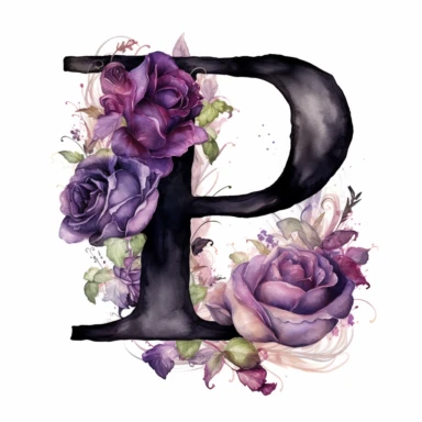 ultra beautiful Victorian vintage black alphabet letter P, decorated with goth black and purple roses, water colour illustration, clipart, white background