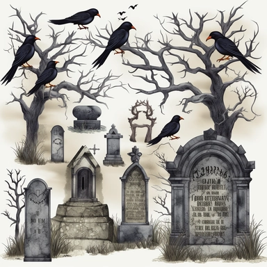 cute, funny gothic clipart, ravens, gravestones, willow trees, oil painting style.
