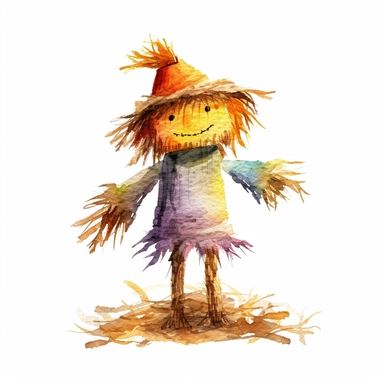 Halloween scarecrow, full color, knitted painting texture, Perfect for nursery art and children's book illustration style, simple, cute, full color, clipart, watercolor illustration, single object, high definition 8k,white background for removing background - - no text shadow font watermark