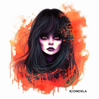female Elvira style spooky clipart, hand drawn art isolated on white background, sparklecore, goosebumps cover art, flames