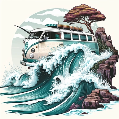 Illustrate a scene of a van cruising on a shimmering wave, surfboards adding a touch of adventure, with a stunning waterfall cascading nearby against a serene white canvas, illustration style, white background, clipart, PNG pure white background, high resolution, hyper detailed, best quality, high detailed illustration