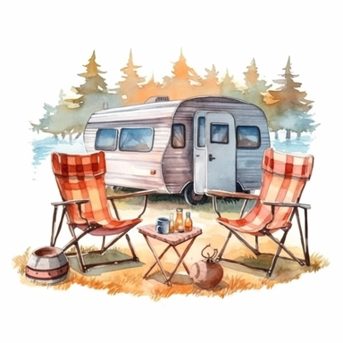 camping style cute caravan in the campground with watercolor effect,sunset landscape,camping tools,camping chairs and table,caravan pengola,forest landscape,suitable for digital clipart,white background