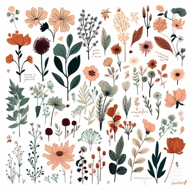 clipart collection of hand drawn flowers, pure minimalism, 2d style, based on printed graphics, white background, no watermark, text, words, paintbrush, typography, the images do not stick together, just 1 flower on white background