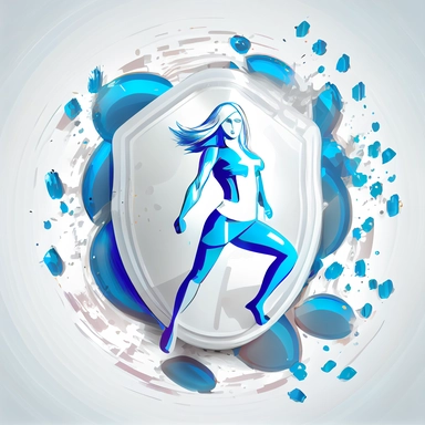 2D art blue and white colors fitness sport beautiful women defended by shield with bifidobacteria capsules on white background, beautifully color graded,cinematic style,clipart vector drawing