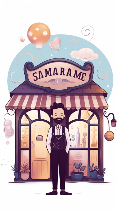 Charming store logo, cozy dreams, whimsical, male character at a storefront. A charming storefront logo featuring a whimsical male character with a cozy dream bubble above his head, inviting customers to enter a magical world of imagination and wonder. Clipart graphic, vector, contour, white-background