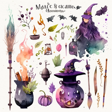 Watercolor Magic School Clipart / Witch and Wizard Supplies, Halloween Clipart, Wands and Broomstick, Pociones, Keys Clipart, PNG DIY