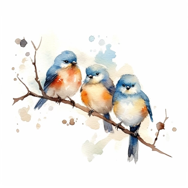 a minimal watercolor clipart of little birds on a branch, white background