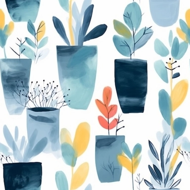 seamless pattern, colorful abstract pot plant, modern art, light blue colors, watercolor clipart, white background, minimalist, abstract, simplistic