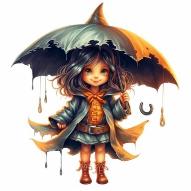 Cute Adorable magical little witch holds laterally a huge umbrella in his hand wears a raincape and stand in the rain on a country road, correct umbrella, clipart, high detail, 8k polished, 8k, vibrant colors, white background, sticker
