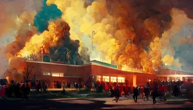 wide shot. a high school gym that is on fire. a group of cheerleaders dances. some boys fight. lots of smoke. fire is everywhere. Inspired by Nirvana's video clip. like in a Pierre klossowski painting.