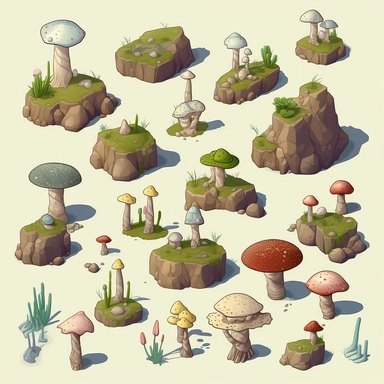 simple mushroom covered boulders, video game asset, isometric, top down, isolated figures, hand drawn, level art, atmospheric effects, spatial concept art, muralist, clipart, ps1 graphics, deconstructed objects, 2d, plain background