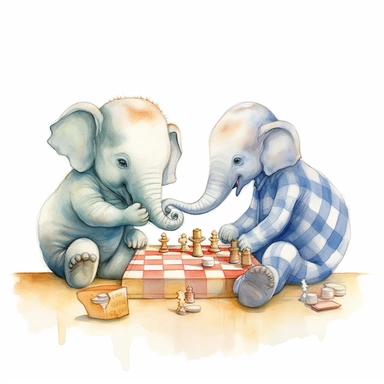 Create a watercolor illustration clipart of a playful cute Baby Elephant Playing Chess with a friend, with its full body visible. Use soft, flowing brushstrokes and a warm, inviting color palette to create an image that is both charming and whimsical. Incorporate intricate details like the motion of Baby Elephant Playing Chess with a friend to create a lifelike, realistic image. Can add other elements to the illustration like related item to play to create playful scene. Use white background to 