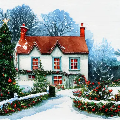 Christmas English country cottage, Christmas, watercolor, clipart