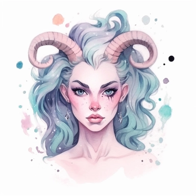 Cute zodiac sign Capricorn, Capricorn portrait, pastel colors, white background, fashion illustration, watercolor splash, clipart, by Jack Hughes