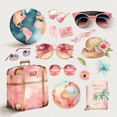 Travel Watercolor Clipart, 19 Pink girly Travel Png, luggage, airplane, sunglasses, globe