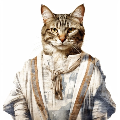 collage quirky cool collage Ancient Roman cat Felis catus clipart, Wearing a formal dress, detailed, clean line, hd, on white background, spaced out