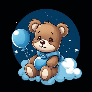 Cute Simple Cartoon Brown Baby teddyBear sitting on a cloud smiling wearing a blue bib and holding white and blue balloons, clipart, black background